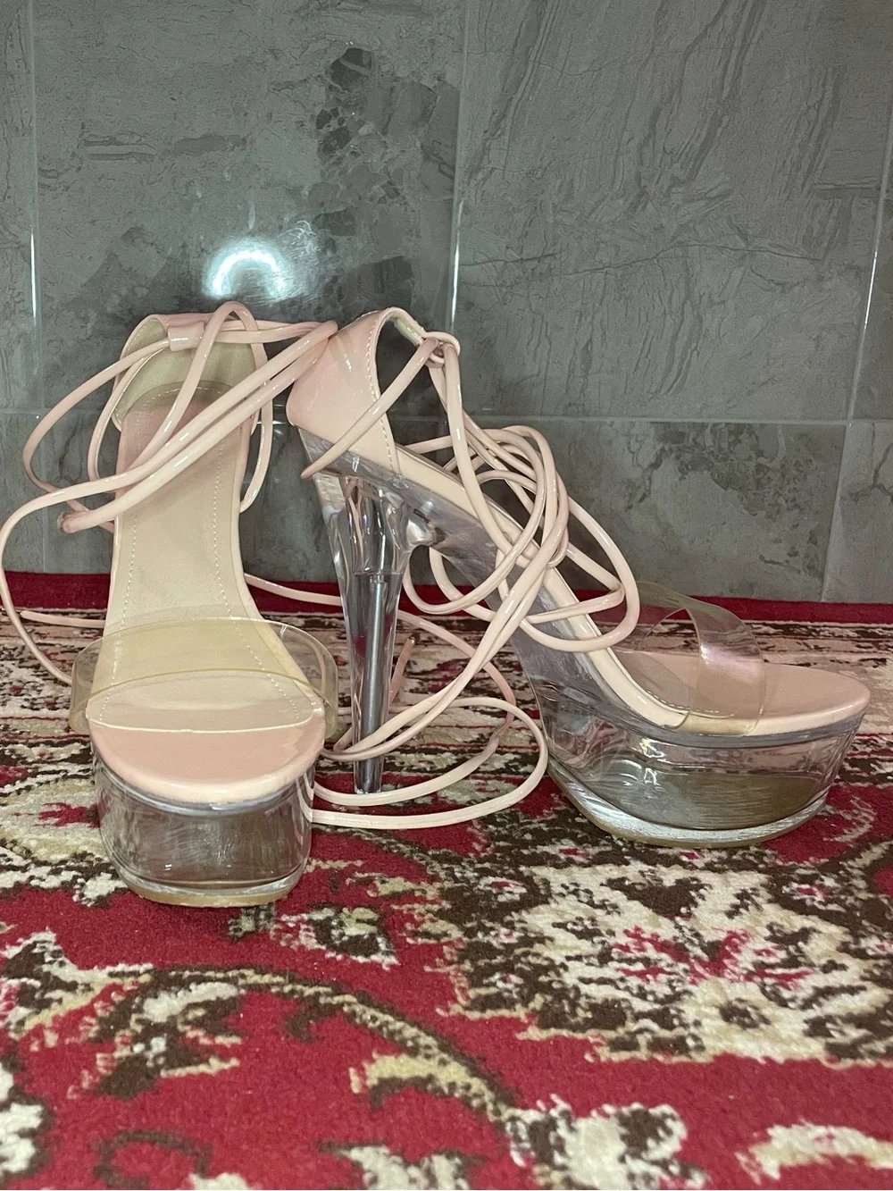 Nude Pink Lace-Up Clear Platform Heels